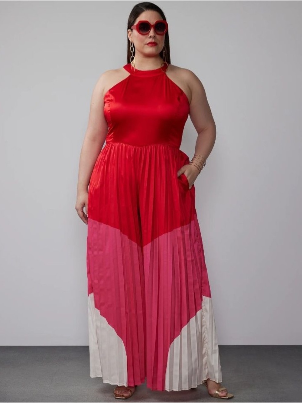 New York & Company Red and Pink Colorblock Pleated Maxi Dress